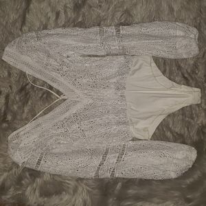 White Sheer Embroidered Crochet Bodysuit - Small